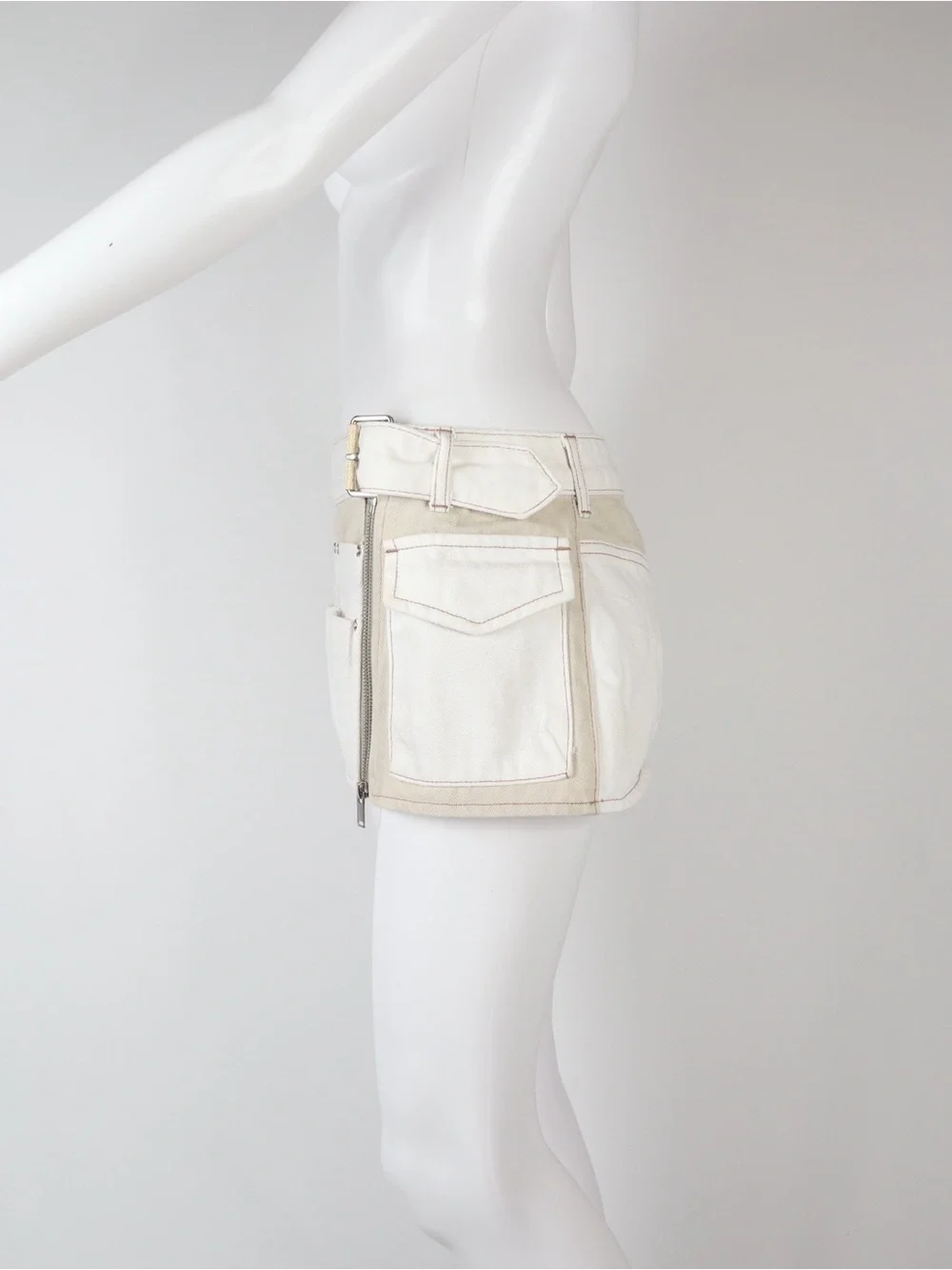 DION LEE | Beige & White Denim Mini Skirt | Size 4